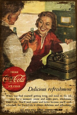 Vintage Coca Cola Büro Reklame, alter Look gedruckt auf neuem Blechschild Plakette