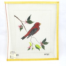 Red Bird on Branch w Flowers 1975T Handpainted Needlepoint Canvas 18ct Vtg EBS