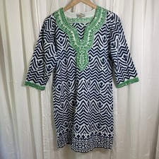 bella tu 100% Cotton Geometric Embroidered Trim Tunic Dress Size 8
