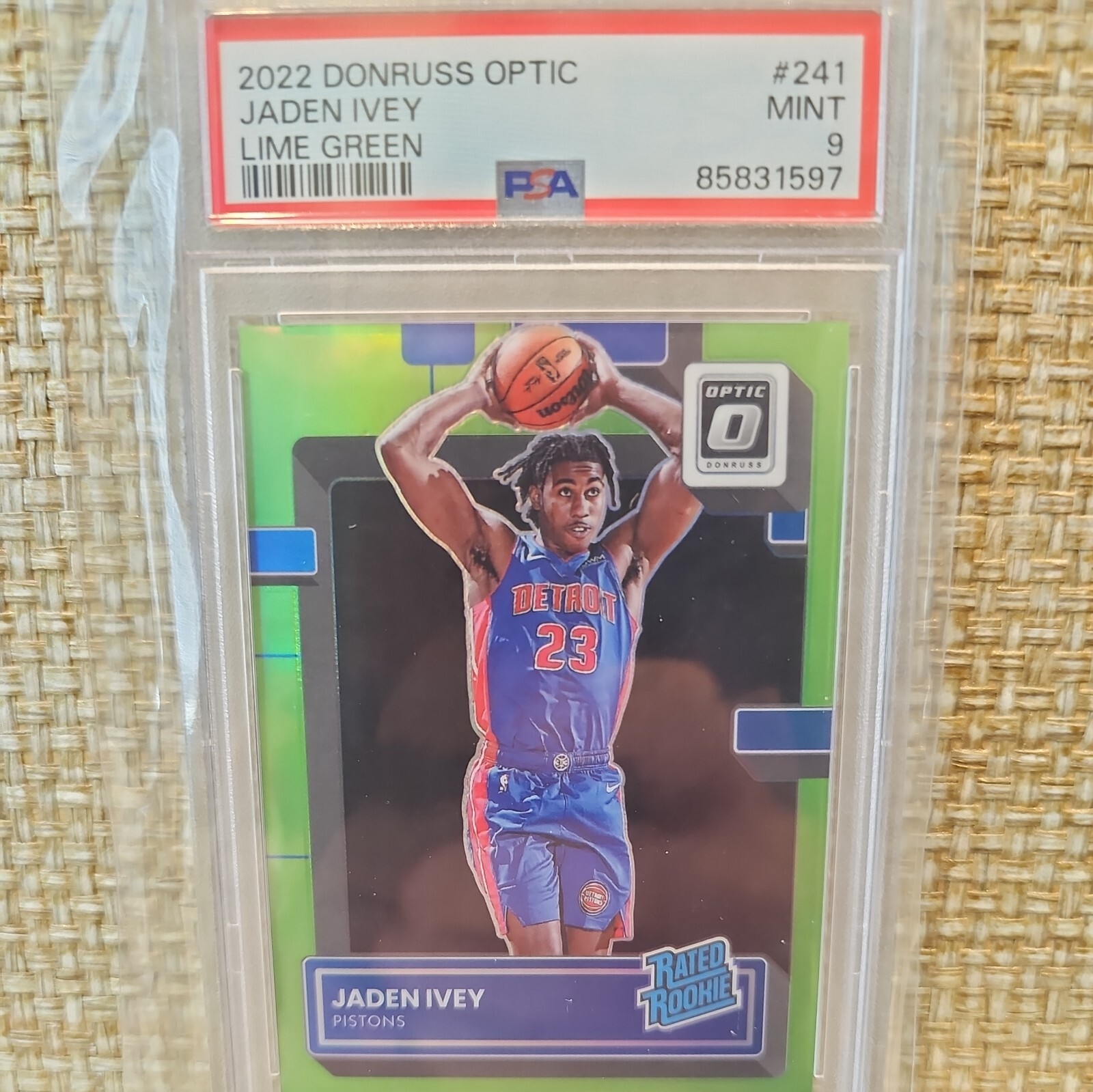 85831597 JADEN IVEY 2022 Donruss Optic 241 Lime Green Prizm Rated RC /149 PSA 9