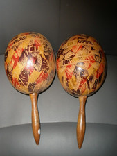 Artisan Hand Carved Folk Art Style Wood Set of 2 Maracas