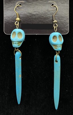 Handmade Turquoise Blue Skull & Spike Bead Bronze Tone Earrings by Neanie-Bot