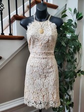 Dress Forum Ivory Lace Scalloped High Neck Midi Criss Cross Back Dress Size S