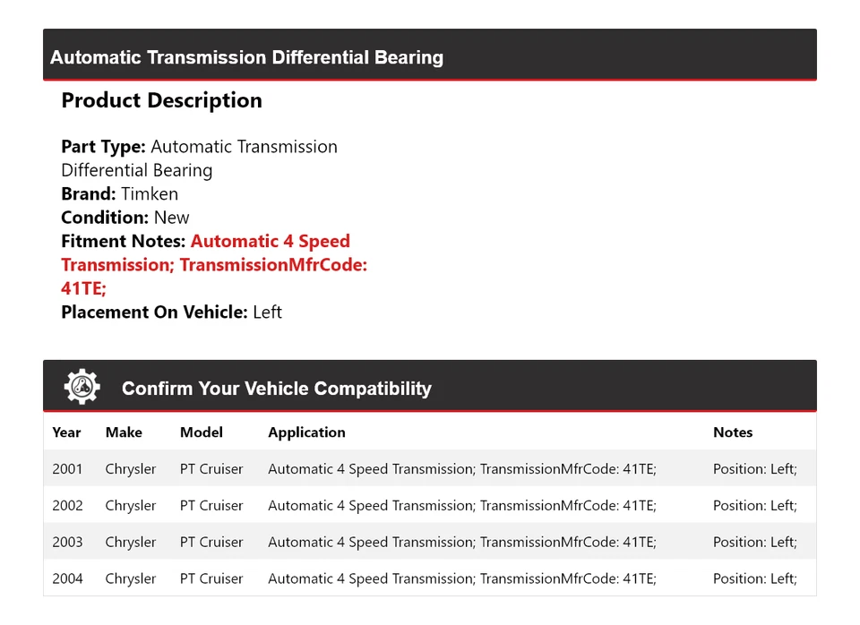 适用于 2001 - 2004 年克莱斯勒 PT Cruiser 自动跨差速轴承左铁姆肯公司 — 第 2/4 张图片