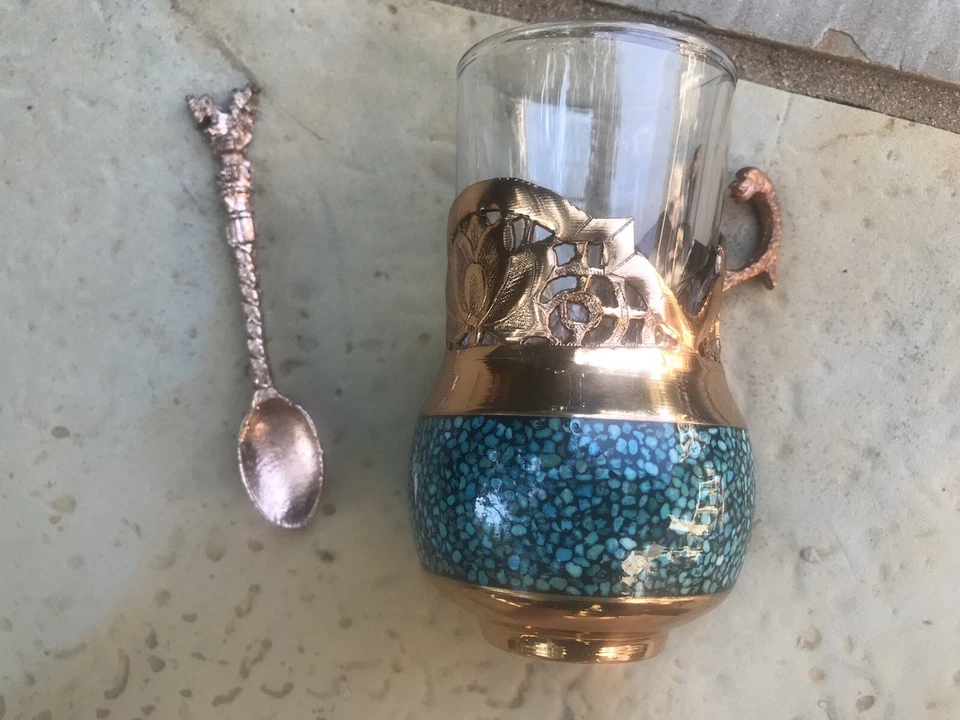 Persian Tea set Turquoise Stone & Copper   Made by Master Mr Aghajani,  NEW - Image 3 of 4