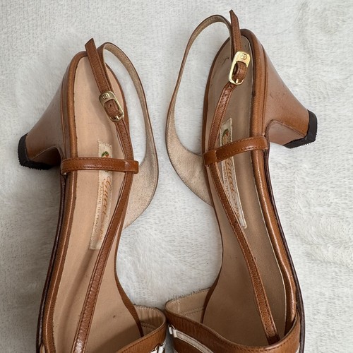Gucci Womens Sandals Cognac Brown Striped Slingback Leather Logo Kitten Heel 36 - Picture 8 of 13