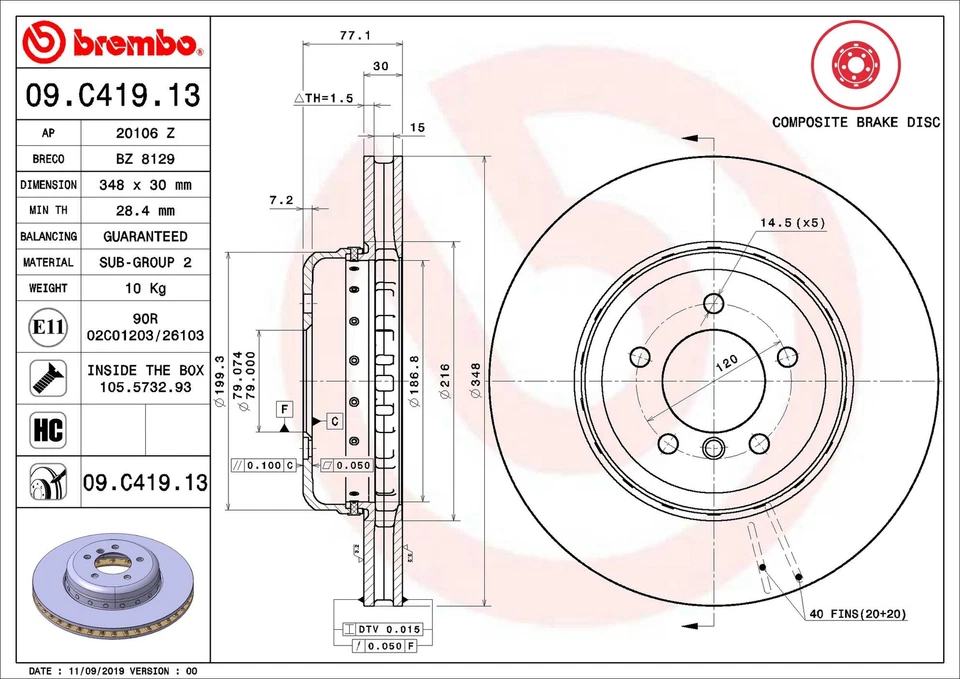 Rotor de freno de disco delantero Brembo 09.C419.13 348 mm para BMW 535i 2008-2010 Foto 3 de 4
