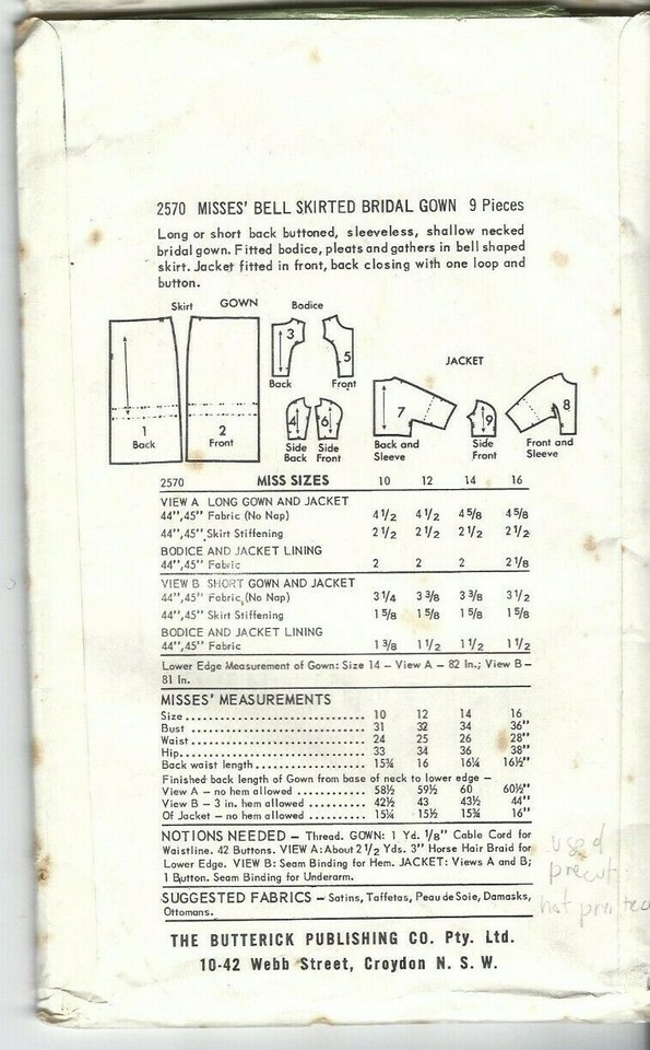 Butterick Sewing Pattern 2570, Vintage 1963 Bridal Evening Gown, Size ...