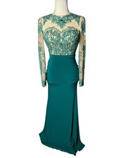 SHERRI HILL EVENING DRESS GREEN BEADED SEQUIN SHEER LACE LONG PROM MERMAID SZ 0