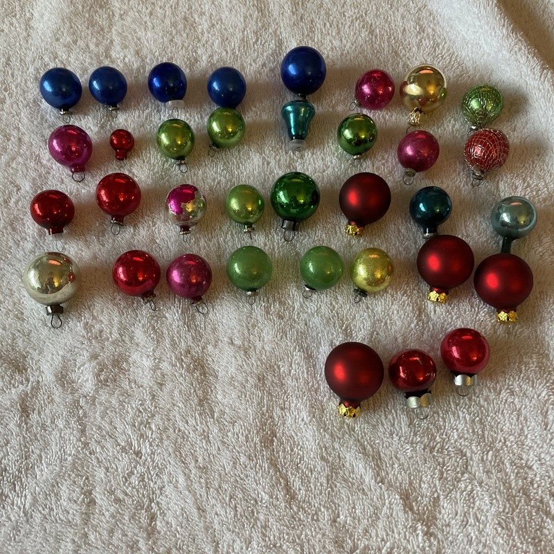 VTG lot of  35 Mini Blue,Pink,Silver,Gold Red  Glass Ornament Feather Tree Japan