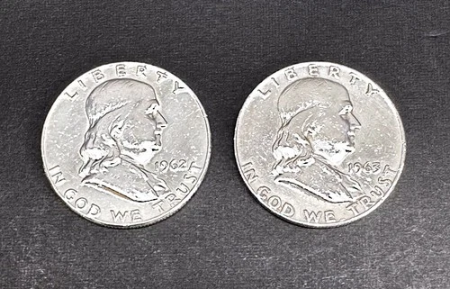1962-D MS & 1963-D XF Franklin Half Dollars 90% Silver Denver Mint