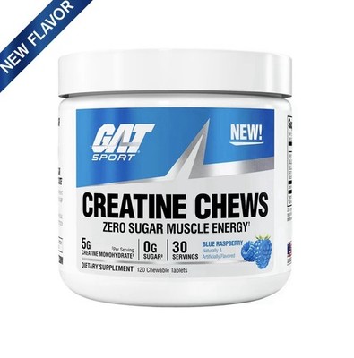 GAT Sport Creatine Chews Blue Raspberry 30 Servings (120 Tabs) Zero Sugar