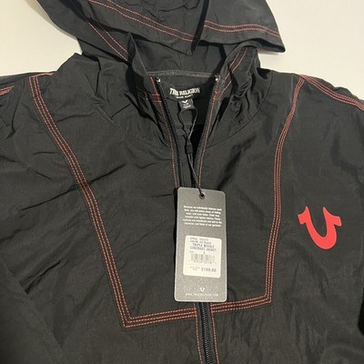 TRUE RELIGION Mens Large Triple Needle Contrast Black Full Zip