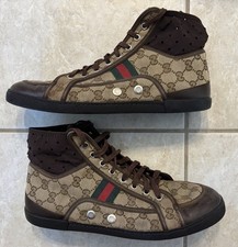 Gucci Brown Beige High Top Logo Canvas Leathe...