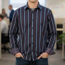 Thomas Dean Men  s XL Flip Cuff Button Down Shirt Striped Upscale Casual Refined