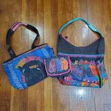 Laurel Burch Sun N Sand Cotton Tote Bag Purse Wallet Lot Colorful Cats Horses