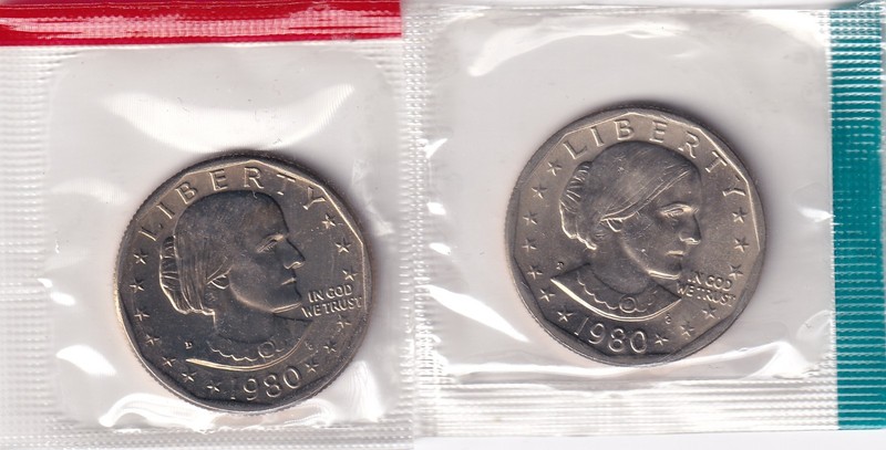 1980 P & D Susan B Anthony 2 Coin Set BU Dollar US Mint Coin Mint in Cello #1964