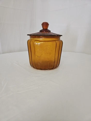 Miles Kimball Depression Glass Biscuit Jar  Amber