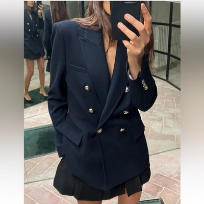 NWT ZARA NAVY BLUE TAILORED DOUBLE-BREASTED BLAZER, SZ XL | eBay