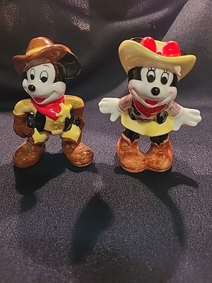 Disney Cowboy Mickey Mouse Cowgirl Minnie Mouse Figurines 3.5'' Japan Flawed 