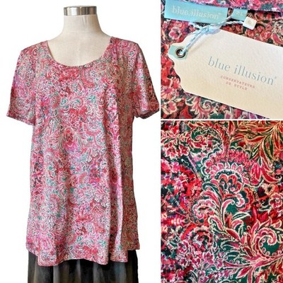 BLUE ILLUSION NWT $69.99 Coral Paisley + Floral 100% Cotton Tunic Top/Tee  2L