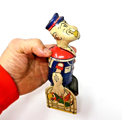 VINTAGE 1930's LOUIS MARX POPEYE WITH BIRDCAGE & PARROTS TIN WIND UP TOY. NICE!