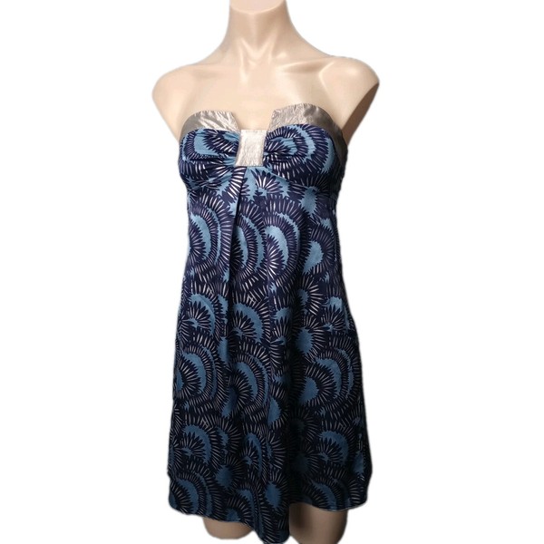 LADAKH Dress Womens Size 8 Blue Multi Print Strapless Sweetheart A-Line Mini