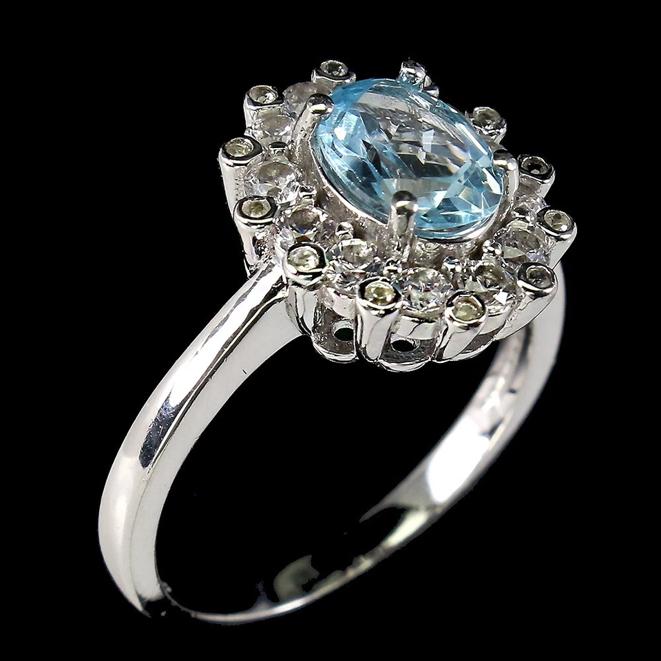 Anello in argento sterling 925 topazio blu ovale 8x6 mm pietra preziosa... - Immagine 2 di 4