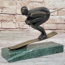 Fatto a Mano Bronzo Scultura Sciatore Uomo Skiiing Neve Sci SPORTS Statua