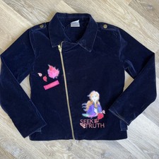 Girls Disney Frozen 2 Velvet Navy Blue Embroidered Moto Jacket 7-8