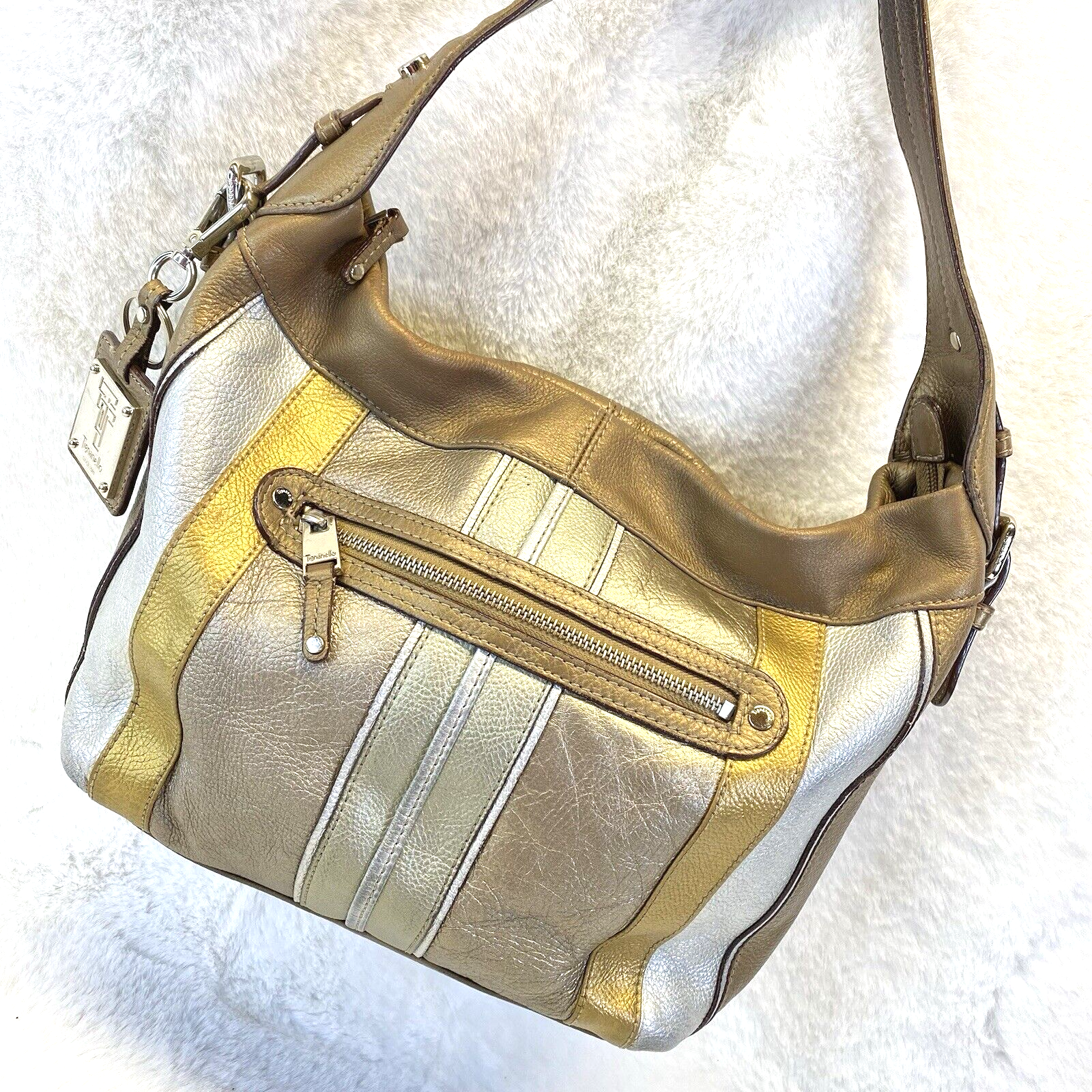 Tignanello Gold Metallic 80s Exotic Hobo Purse Bag Patchwork Satchel Y2K Boho