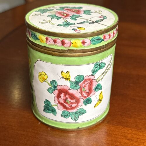 Antique 20th C. Chinese Hand-Painted Enamel Over Brass Tea Caddy Lidded Canister