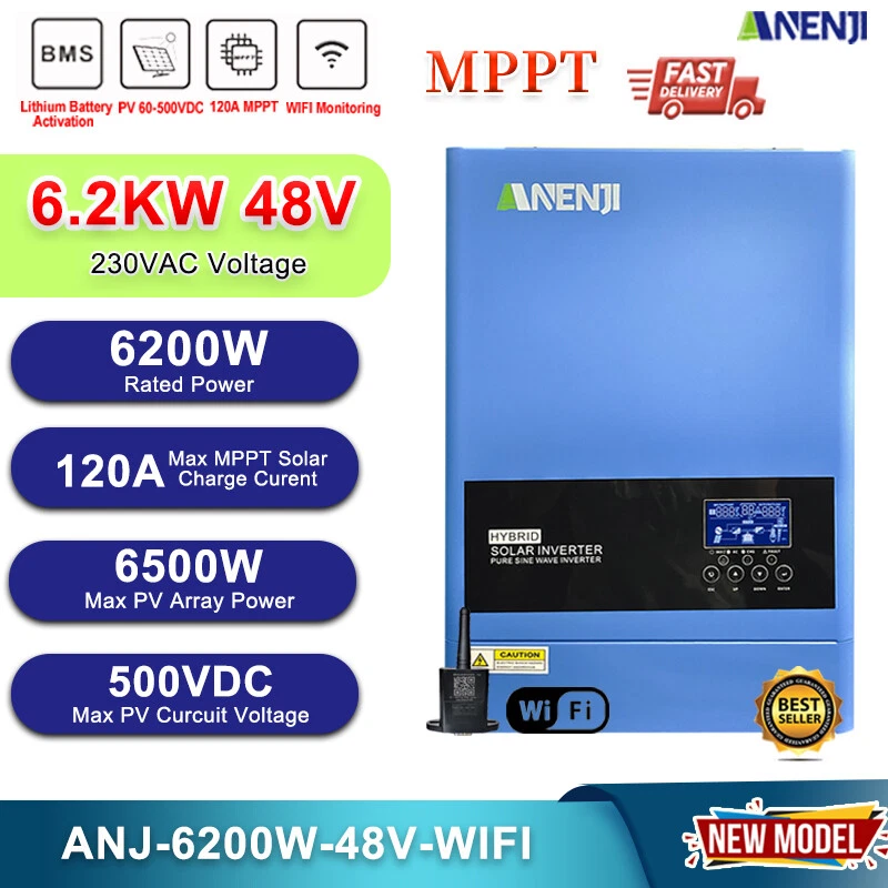 ANENJI 6200W Hybrid Solar Inverter Off-Grid MPPT 120A 220V/230V 48V 500V Pure Sine Wave