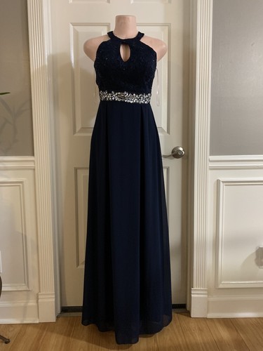 Women’s Junior Navy Blue halter maxi Long dress Size (S) Lace Top Sleeveless - Bild 2 von 10