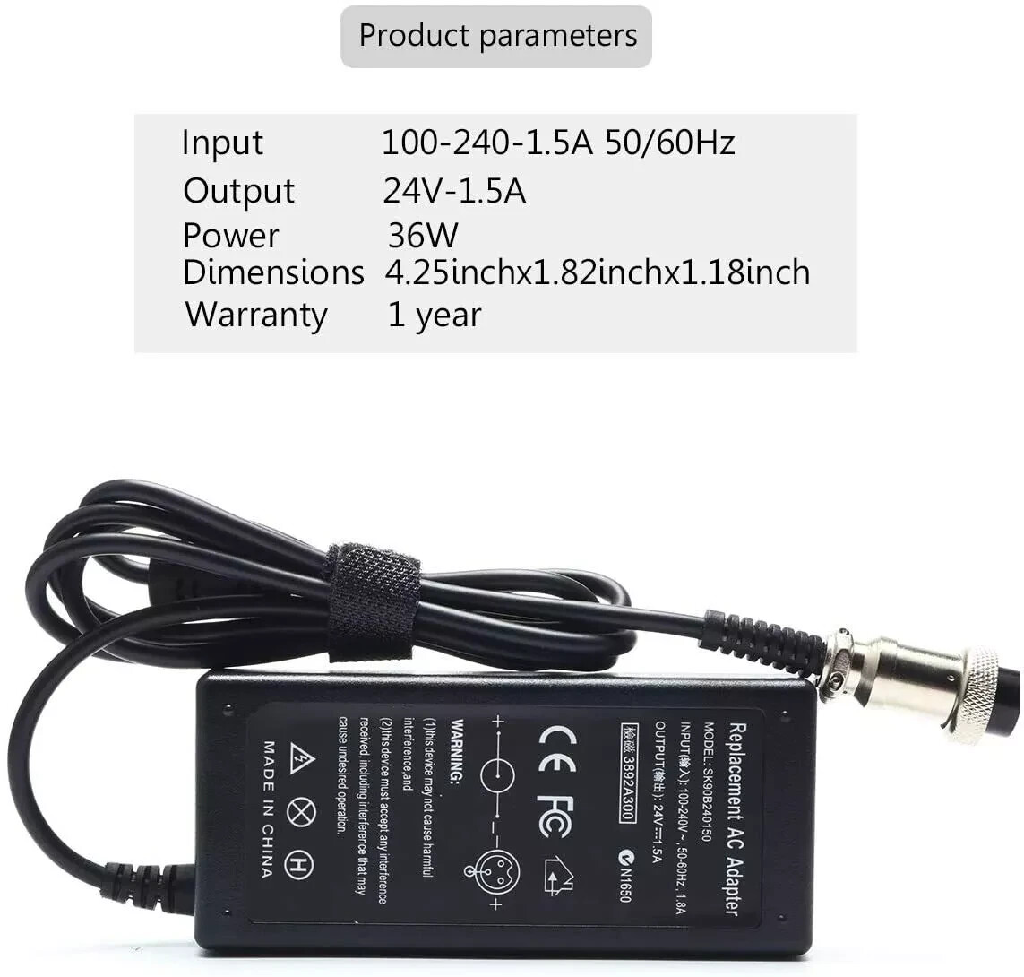 24V 1.5A 36W Battery Charger Standard 3-Prong Inline for Razor E100 E200 E300