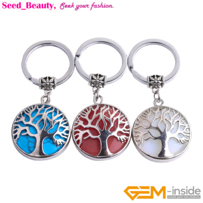 7 Chakra Natural Assorted Gems Stone Tree Keychains Pendant Rings Gift 2 inches
