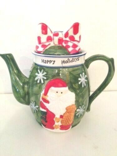 Holiday Tea Pot With Ribbon And Santa, Free Shipping - Picture 1 of 6