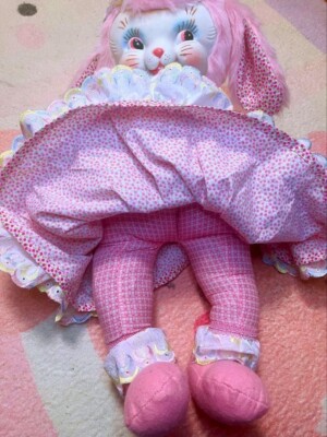 RUSHTON Rubber Face Plush Bunny Pink Doll 60cm Lace flower Vintage