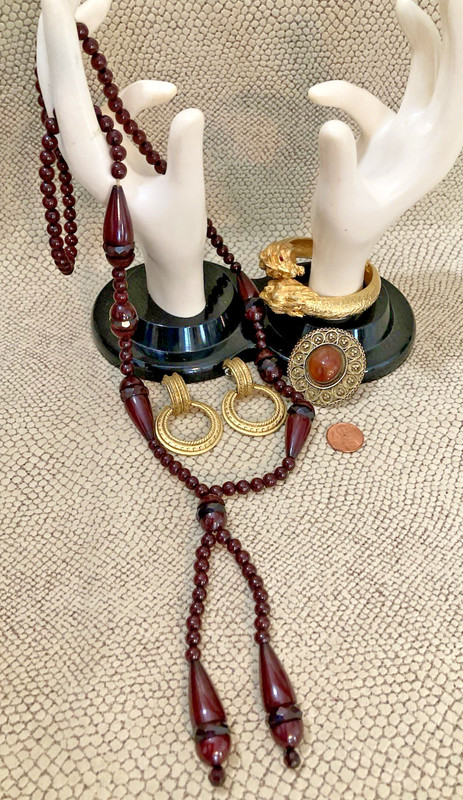 Antique Amber Bakelite Necklace ?  Oscar de la Renta Earrings Lion Bracelet