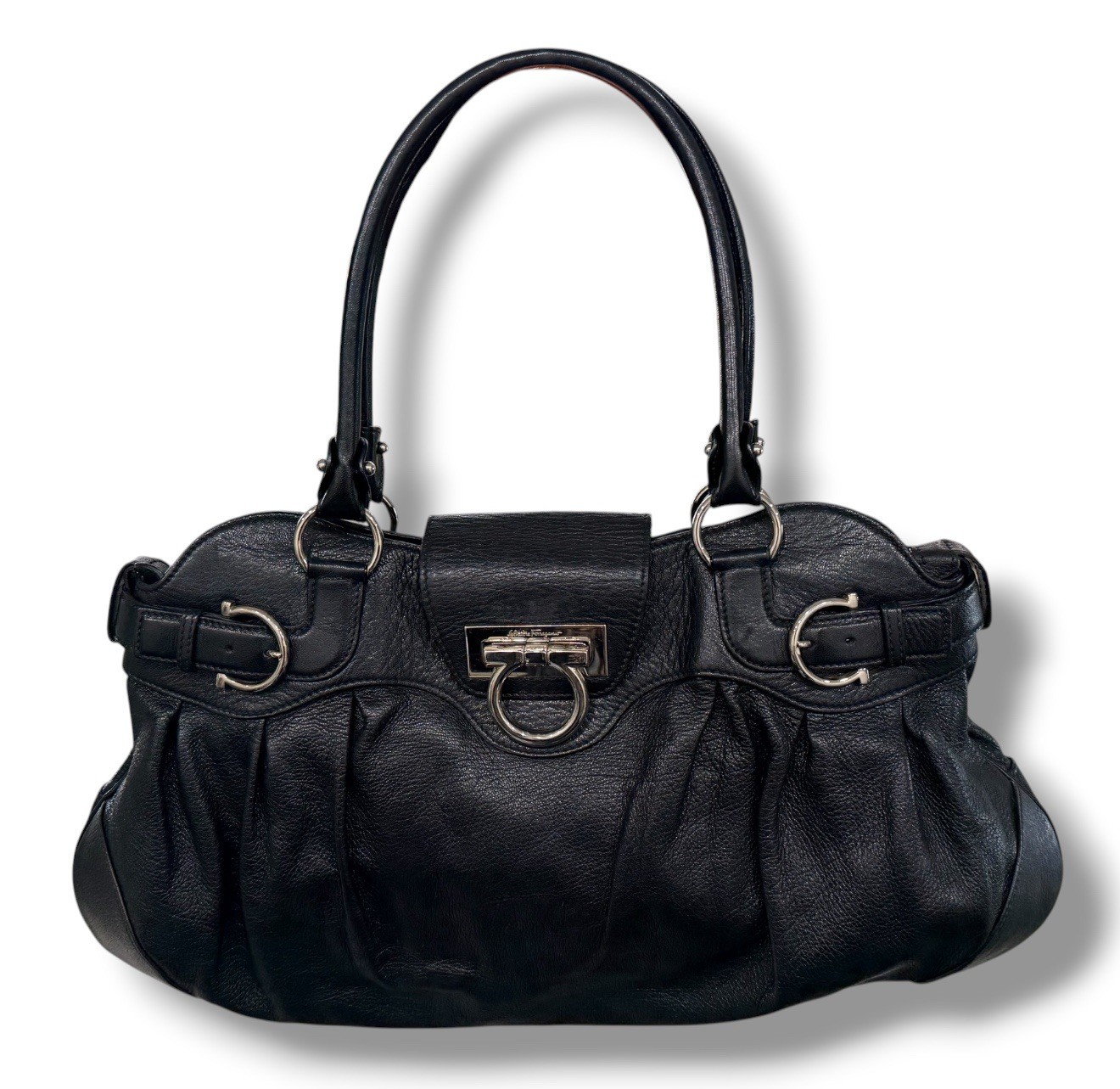 Salvatore Ferragamo Marisa Black Leather Gancini Shoulder Bag Italy