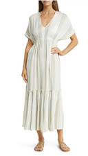 Anthropologie Elan Short Sleeve Maxi Dress Women's S Small White Blue Gold NEW