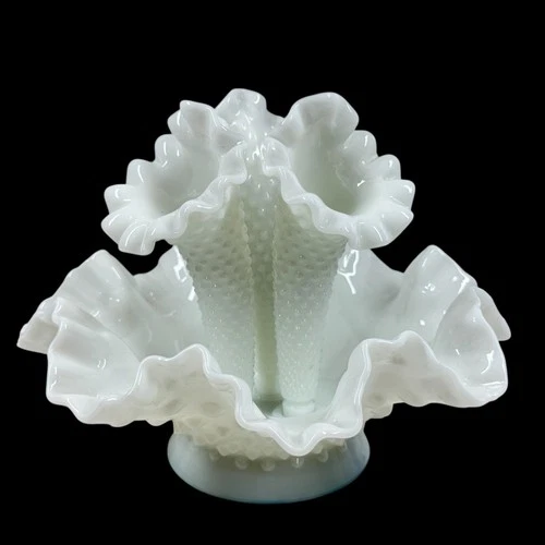 Fenton Vintage White Milk Glass 3-Horn Hobnail Epergne Ruffled Center Piece