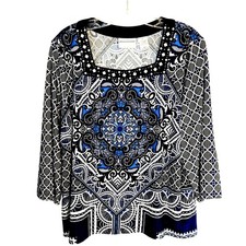 Alfred Dunner PL Women's Top Blue Boho Shirt Blouse Petites Size 12 14 Large LP