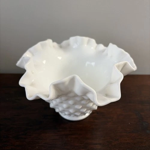 Vintage Mid Century Fenton Hobnail White Milk Glass Bowl Vase Ruffled