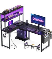 L Shaped Gaming Desk with LED Lights & Power Outlet 115 × 80 cm Reversible