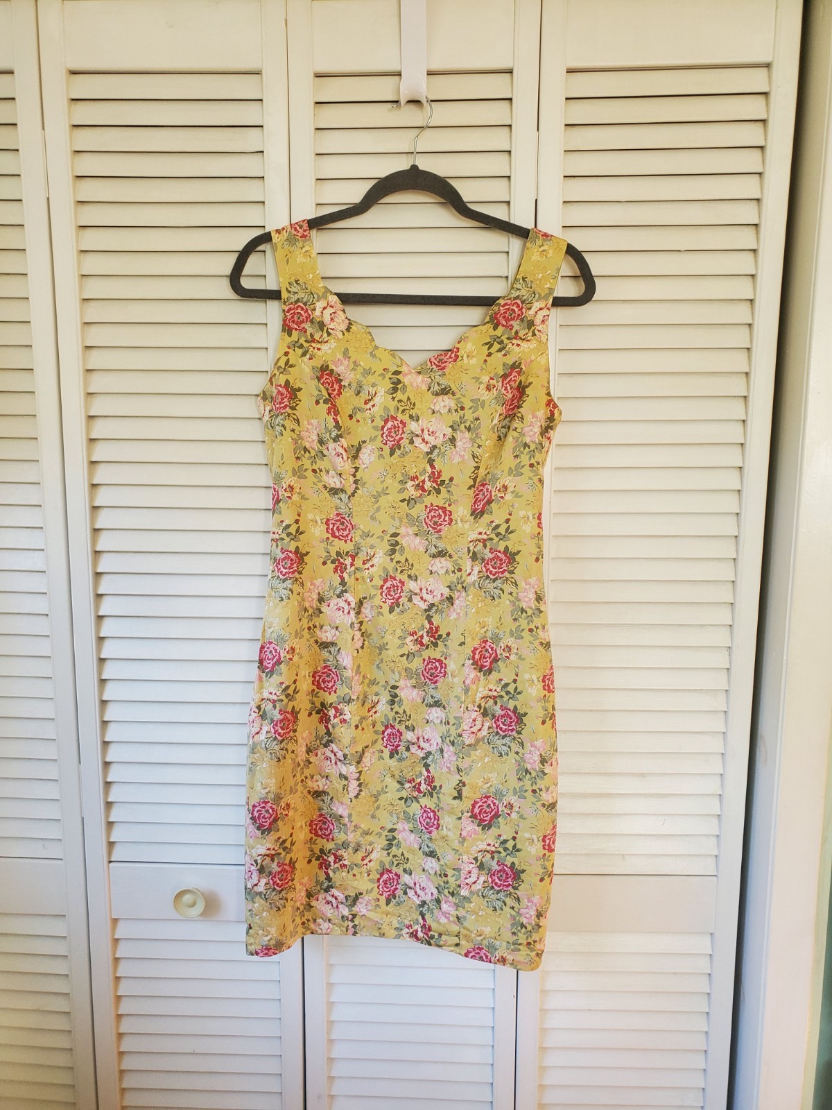 Laura Ashley Vintage '80s Yellow Green Floral Sheath Dress Cottagecore Women's 8