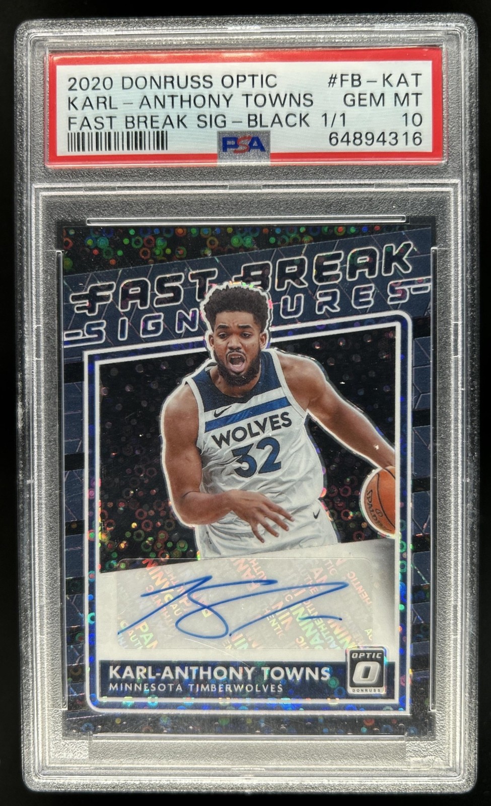 2020-21 Donruss Optic Karl-Anthony Towns Fast Break Black Auto #1/1 PSA 10