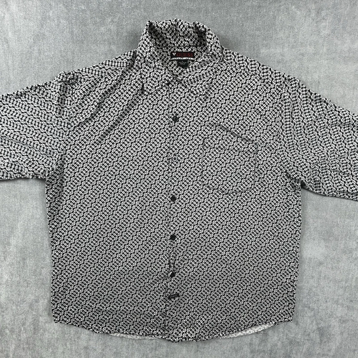 Camisa Guess Para Hombre Grande Negra Blanca Geométrica Manga Larga Abotonada con Bolsillo