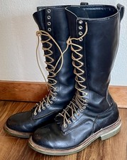 Vintage RED WING 10.5 E Black Tall LINEMAN LOGGER LACE UP USA GREEN SOLE BOOTS