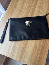 Versace Black Pebbled Clutch Wristlet Silver Medusa Head Zip Closure men’s  